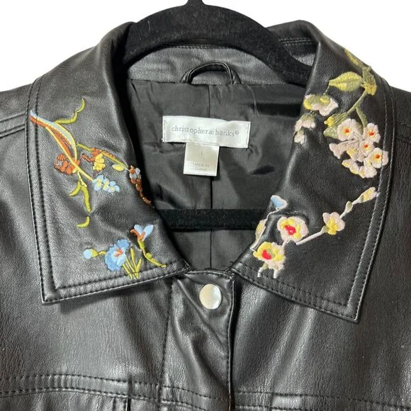 Christopher & Banks Black Faux Leather Jacket Floral Embroidery Snap Zip Large - Picture 4 of 16